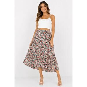 SimpleFun Floral High Low Midi Skirt Women’s Large Pink Daisy Stretch Waist Boho